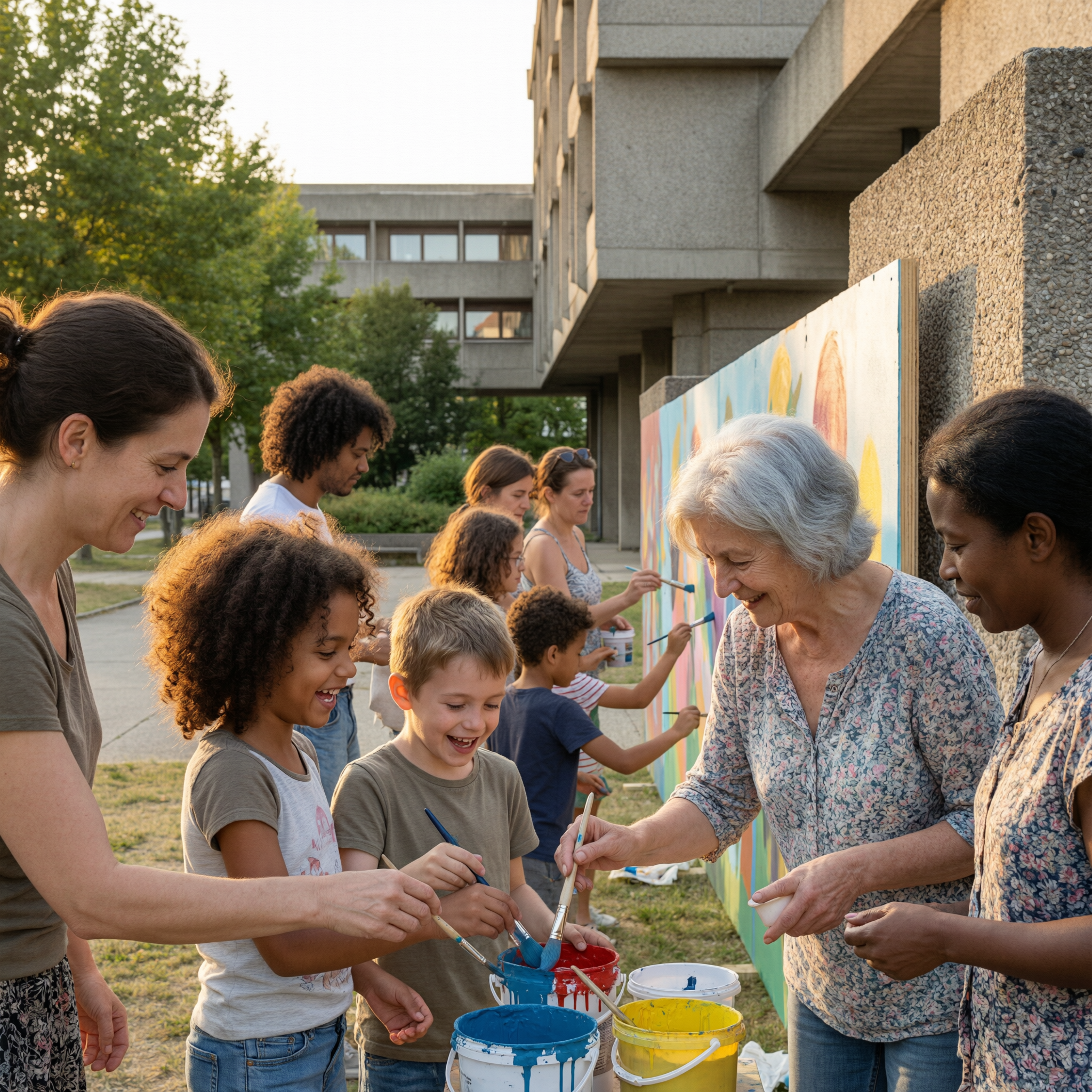 A diverse group of children and adults of various ages participating in a community mural painting workshop in Villeurbanne, with paint buckets and brushes in hand, set against modern brutalist architecture
