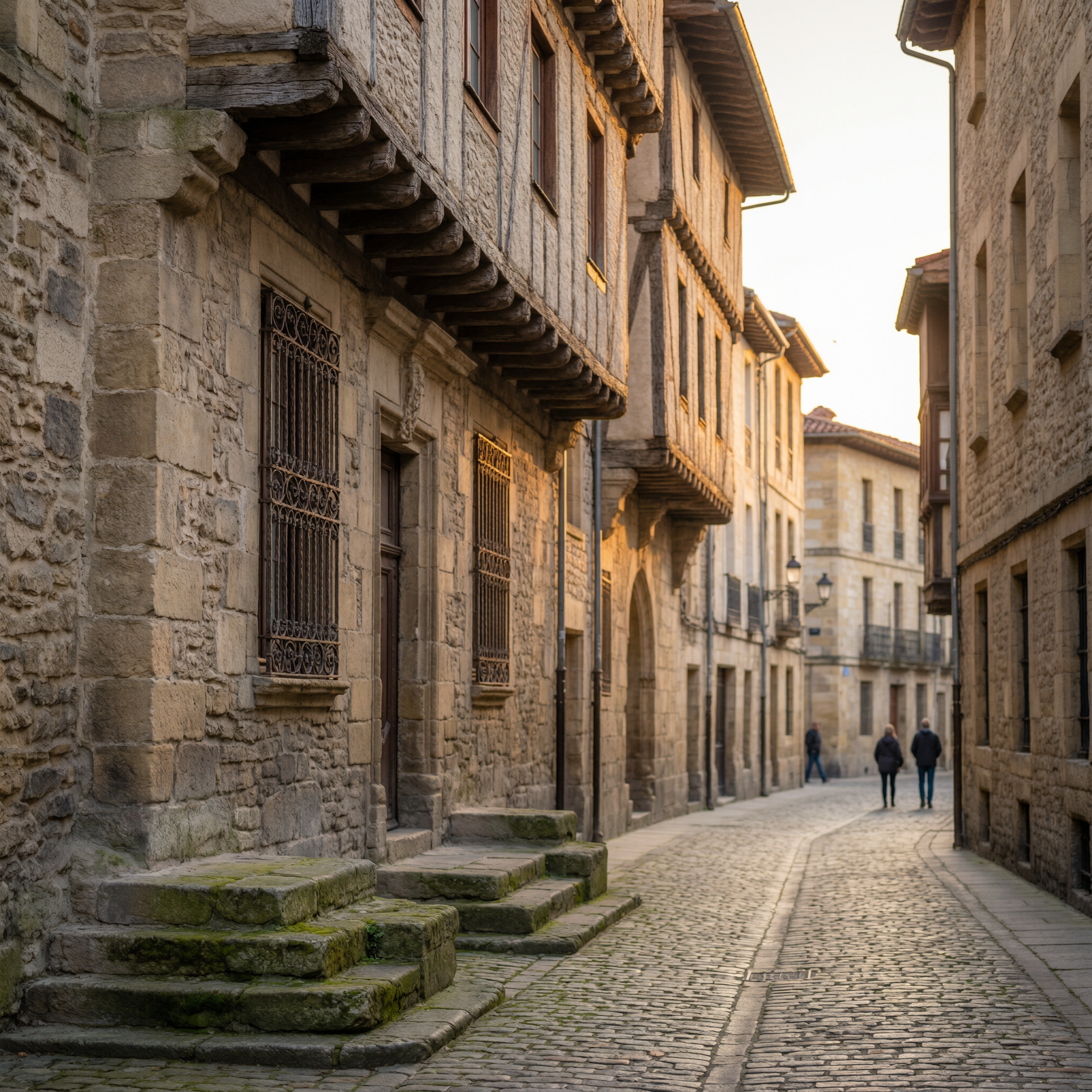 Medieval cobbled street in Vitoria's old town during golden hour, lined with historic stone buildings and traditional architecture
