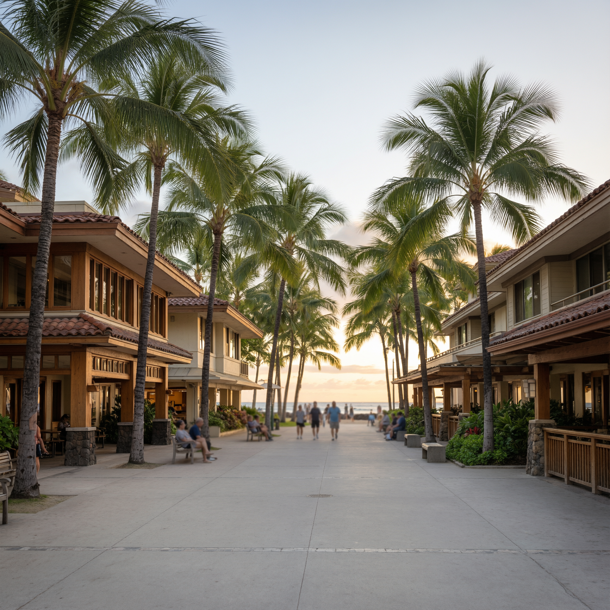Waikiki Beach Walk promenade lined with palm trees and upscale retail buildings during golden hour in Honolulu, Hawaii