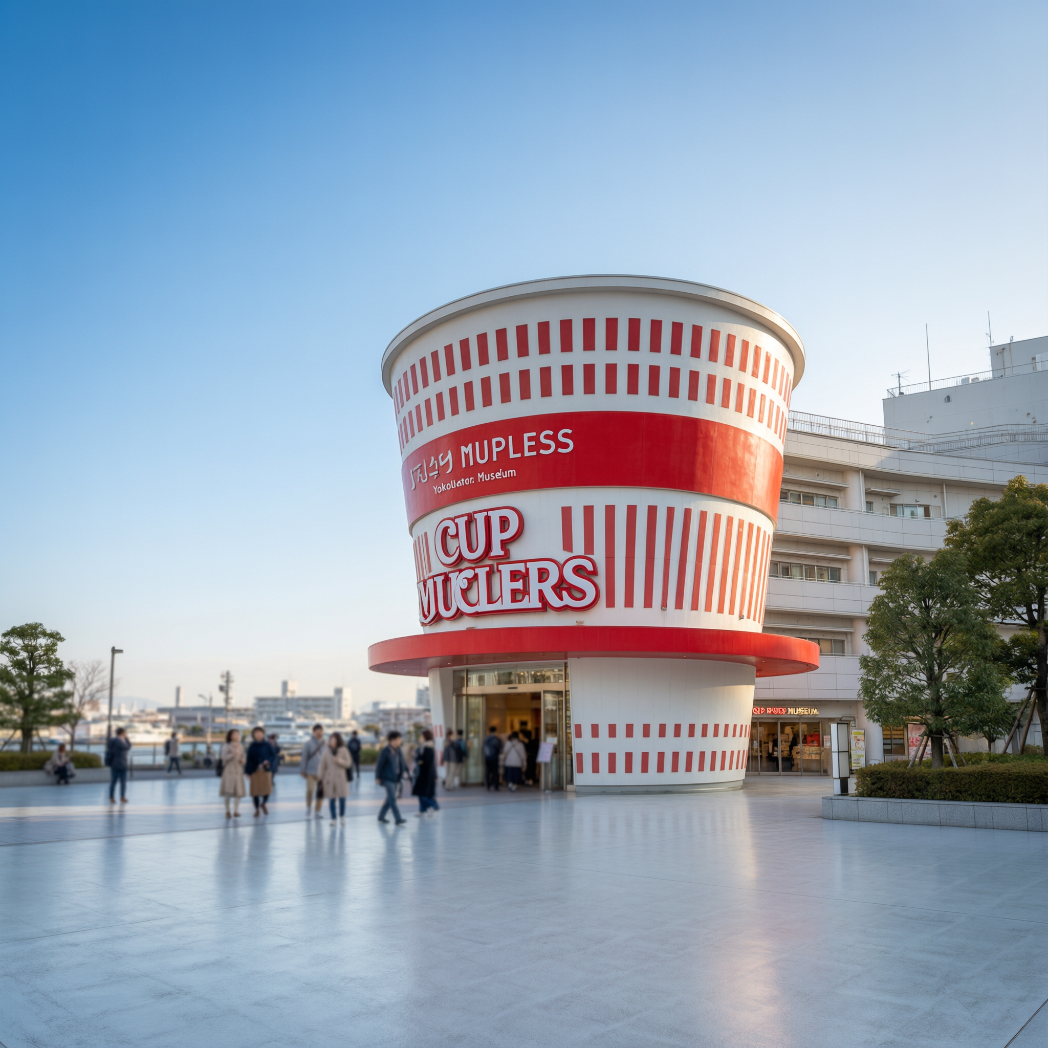 Cup Noodles Museum in Yokohama - a cylindrical building with red and white striped design shaped like a giant instant ramen cup, located in Yokohama, Japan