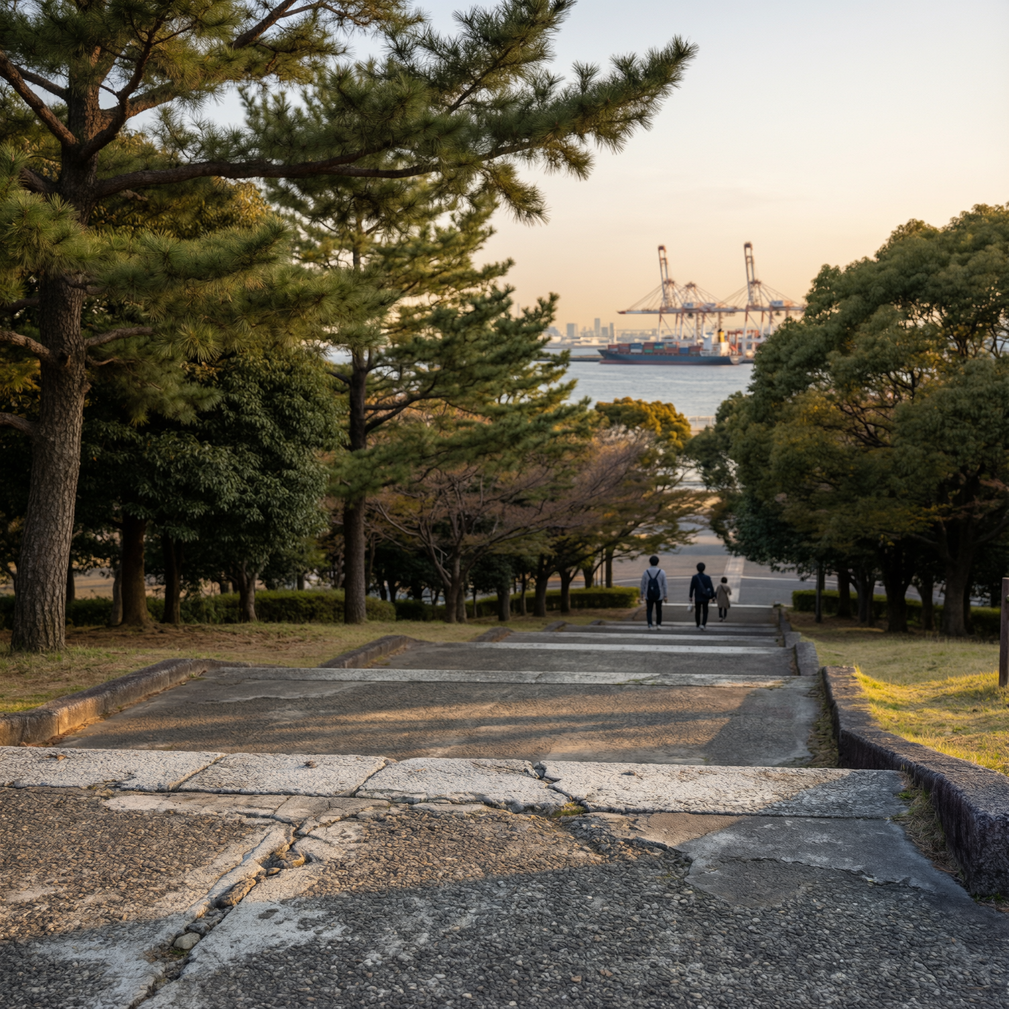 Tree-lined pathway in Yokohama Harbor View Park leading toward the waterfront with cargo ship and container cranes visible in the distance, and three people walking on the promenade