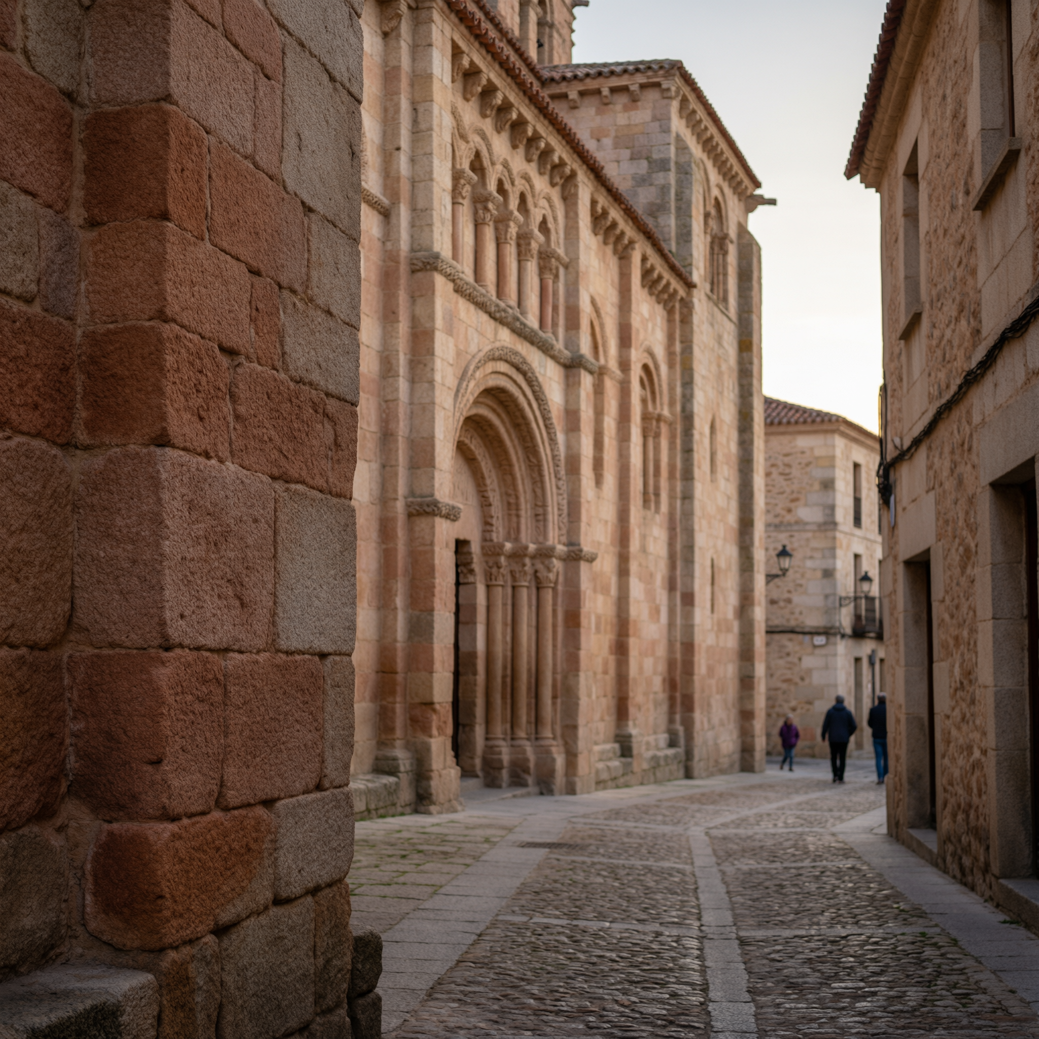 Medieval stone street in Zamora with a Romanesque church featuring ornate arched doorways and columns