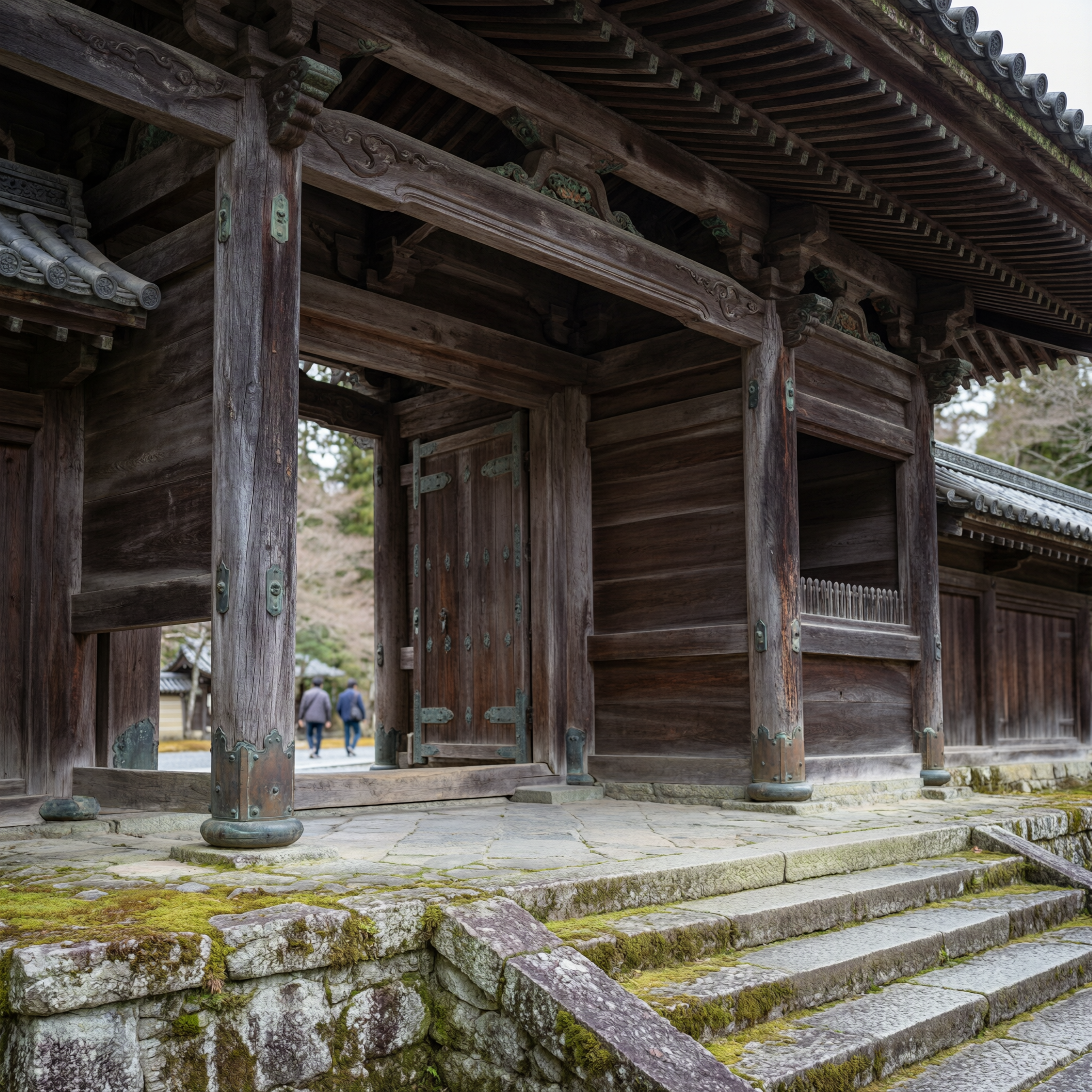 Ancient wooden gate structure with ornate carved beams and dark wood doors at Zenko-ji temple in Nagano, Japan, with moss-covered stone steps in the foreground